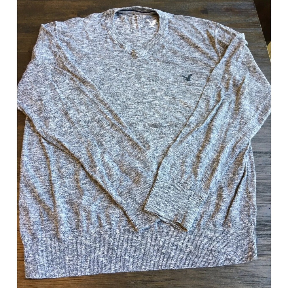 AEO American Eagle Large Mens Heathered Gray V Neck Pullover Casual Sweater Top